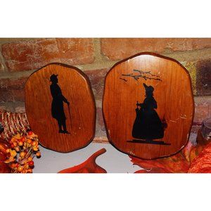Vintage Pair of Colonial Man and Women Wood Wall Hangings Plaque country decor